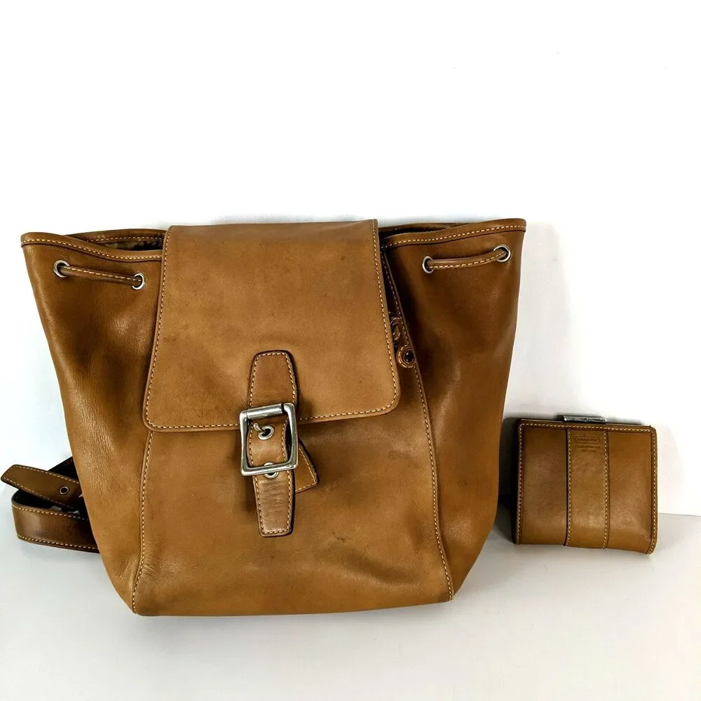 COACH Legacy Vintage Brown Leather Drawstring Backpack 9569 2005 Matching Wallet